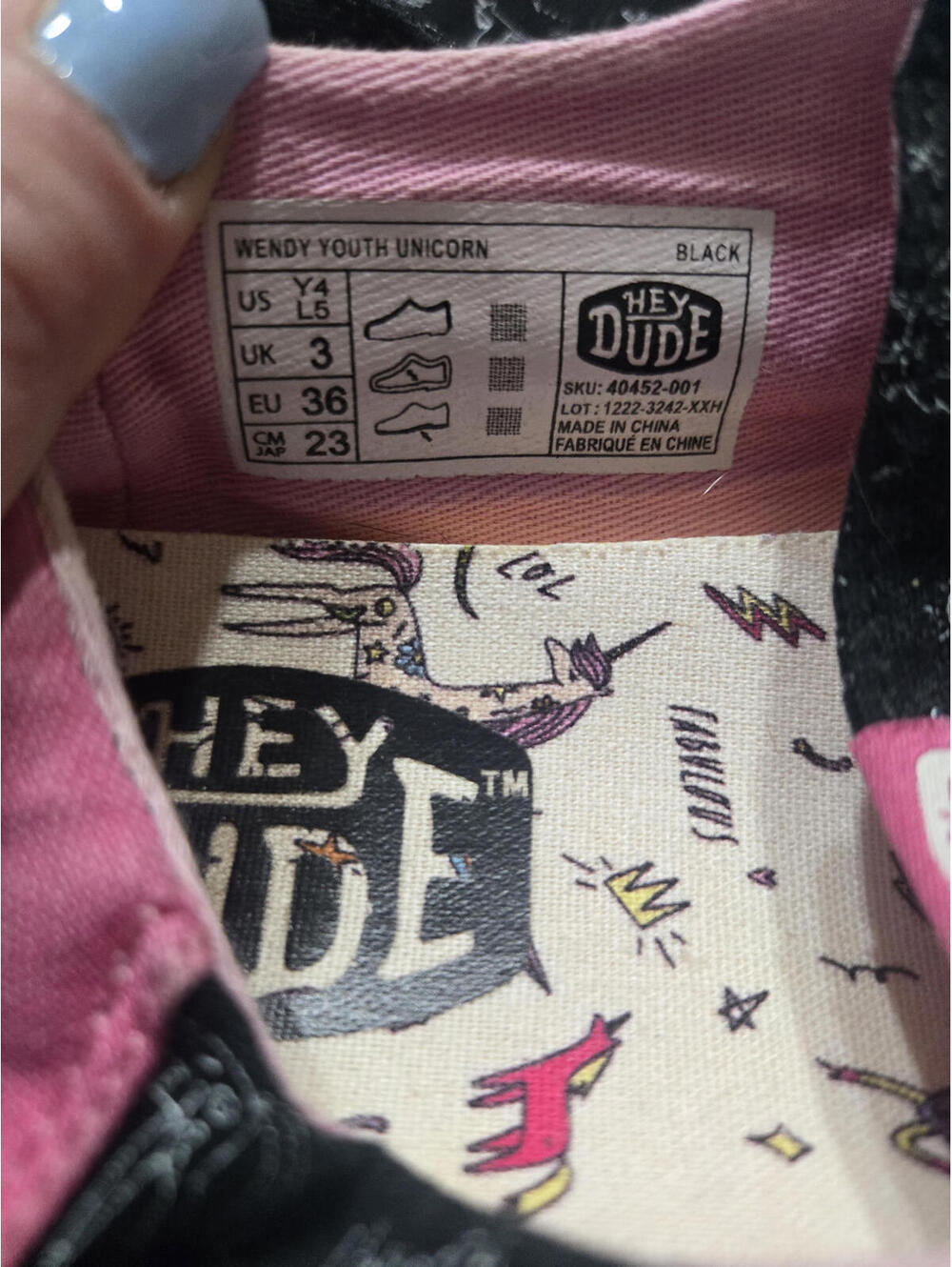 Hey Dude Black and Pink Unicorn Print Casual Shoes - Picture 4 of 5